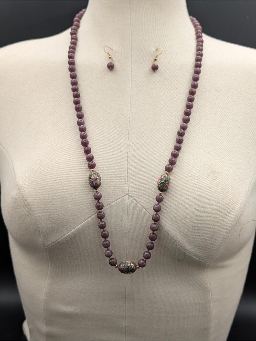 Vintage 14K Gold Filled Clasp Lepidolite Purple Stone Cloisonne Necklace Set